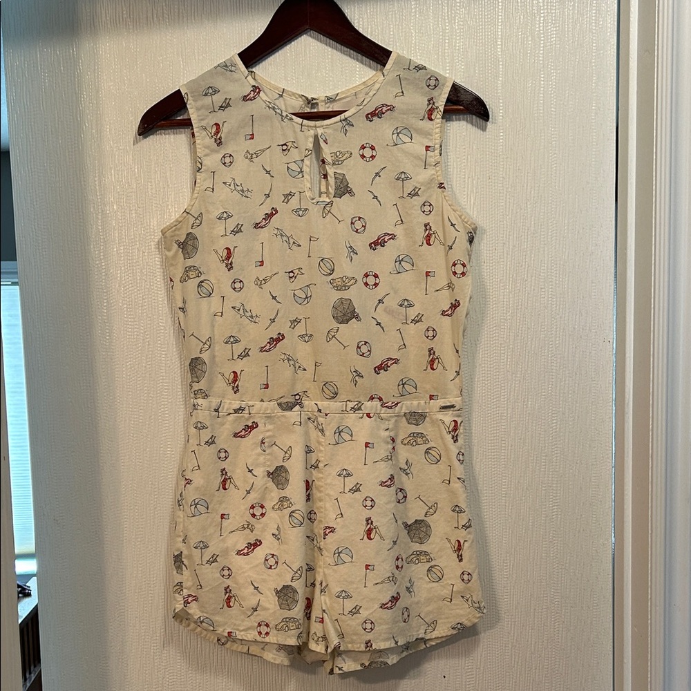 Cream Beach Print Sleeveless Romper